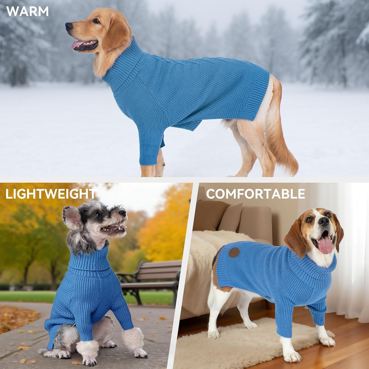 cyeollo Dog Sweaters for Small Dogs Boy, Pullover Turtleneck for Dogs Male, Knitted Doggy Fall Winter Warm Cold Weather Dog Clothes Apparel with Sleeves, Blue L