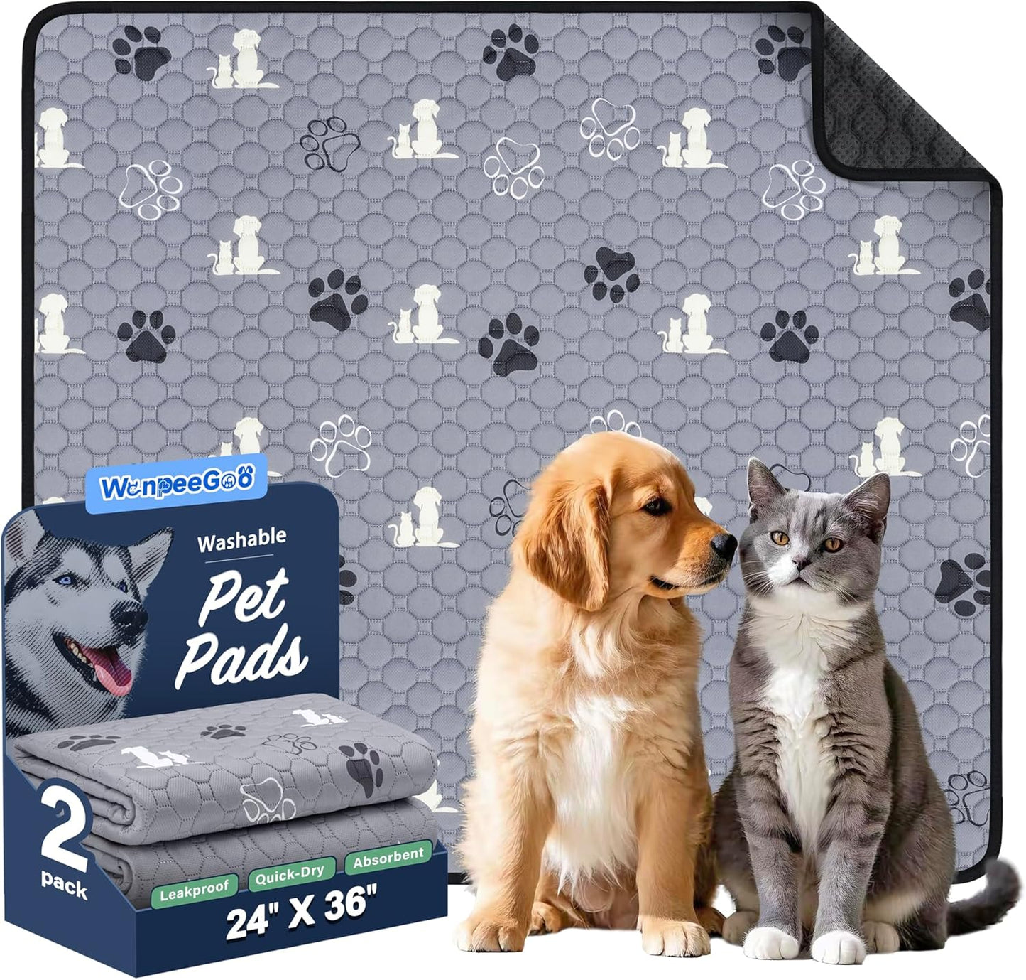 Washable Pee Pads for Dogs Mat, 2 Pack Absorbent Reusable Training Dog Pads Pet Puppy Pads, Non-Slip Potty Pads for Whelping, Playpen, Crate, Bed, Grey 24"x36"