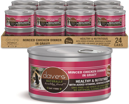 Dave's Pet Food Grain Free Wet Cat Food (Minced Chicken in Gravy), Naturally Healthy Canned, Added Vitamins & Minerals, Wheat, Gluten & GMO-Free, 2.8 oz (24 Pack)