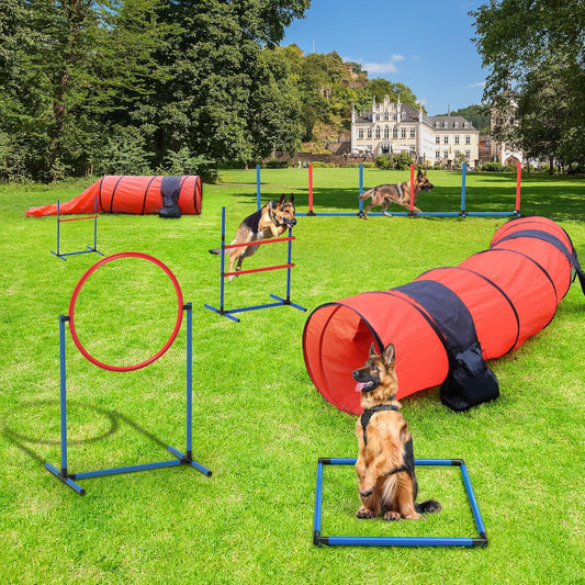 YITAHOME Dog Agility Training Equipment Set with 2 Flexible Tunnels, 2 Hurdles, Jump Ring, 6 Weave Poles, Pause Platform, Teaser Pole, 3 Flying Discs, and Carry Bags for Indoors Outdoors, Orange/Blue