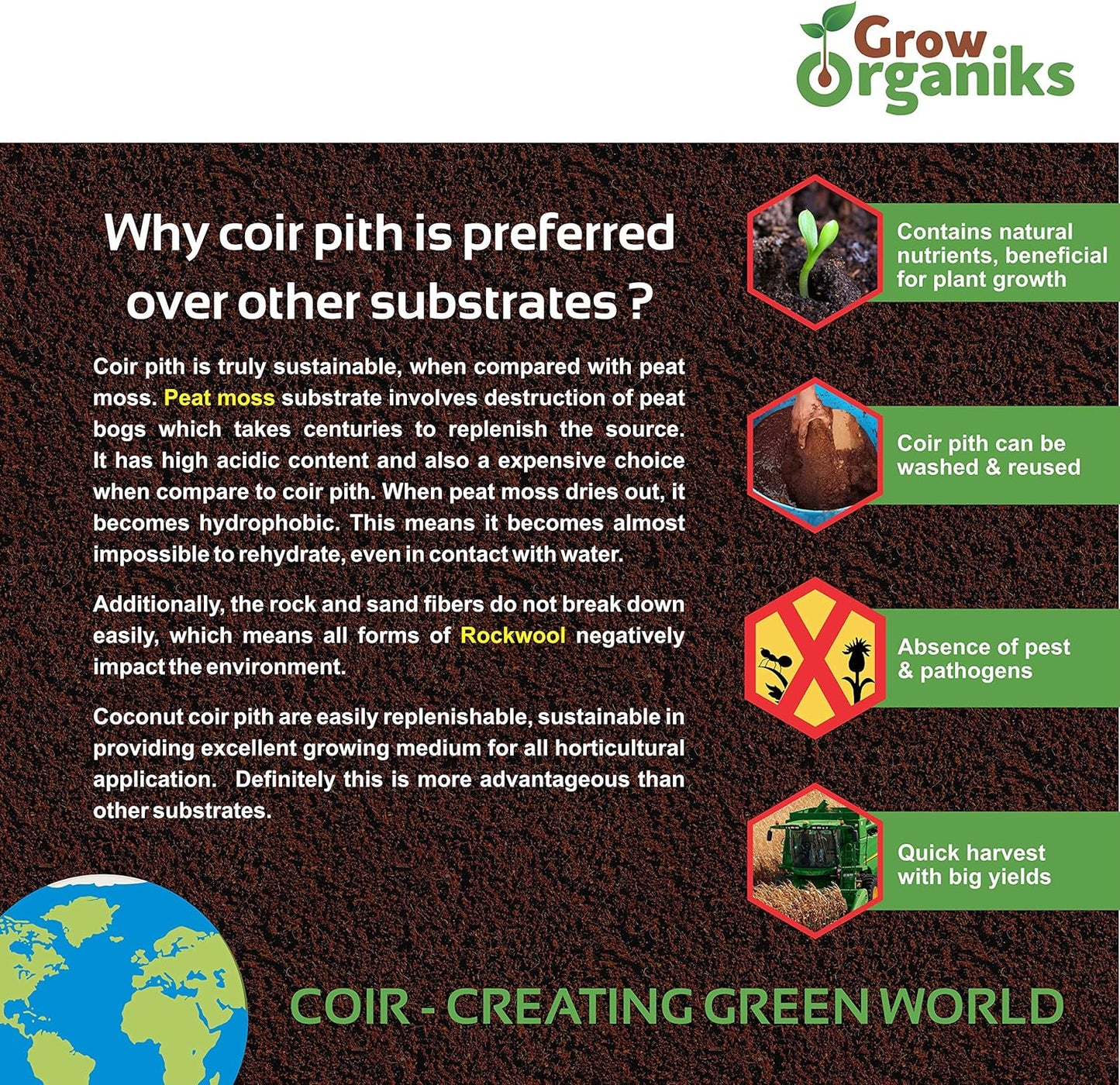 Coco Coir Pith,Coco Peat Brick/Block -11 Lbs, OMRI Listed for Organic Use, Expansion Between 70-75L,Universal Potting Substrate for All Plants & Crops