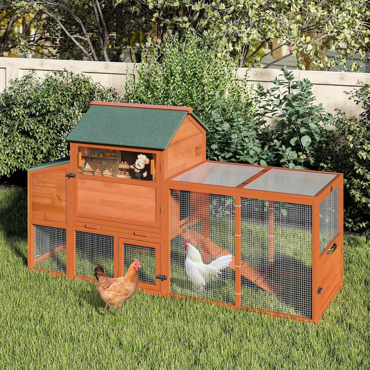 COZIWOW 82" Large Wooden Chicken Coop, Outdoor Rabbit Hutch with Wheels, Sunshine Board, Asphalt Roof, Ramp, Openable Top, Door, Window, Pull-Out Tray, Indoor Bunny Cage (Orange with Pattern)