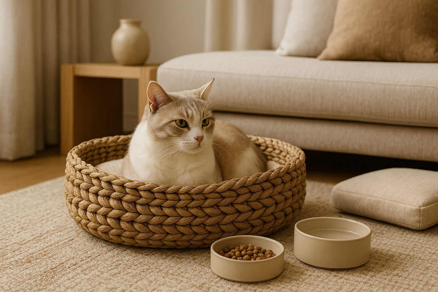 OpulentPaws luxury cat resting in a woven bed inside a warm, modern home interior with beige tones and minimalist pet bowls.