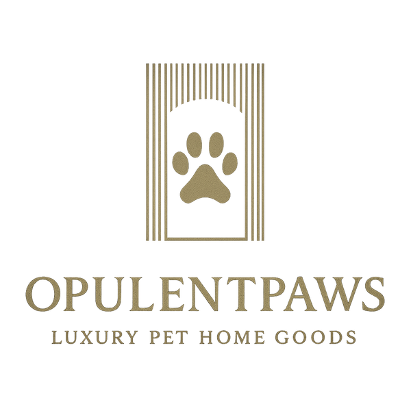 OpulentPaws luxury pet home goods logo featuring a gold geometric emblem with a paw print